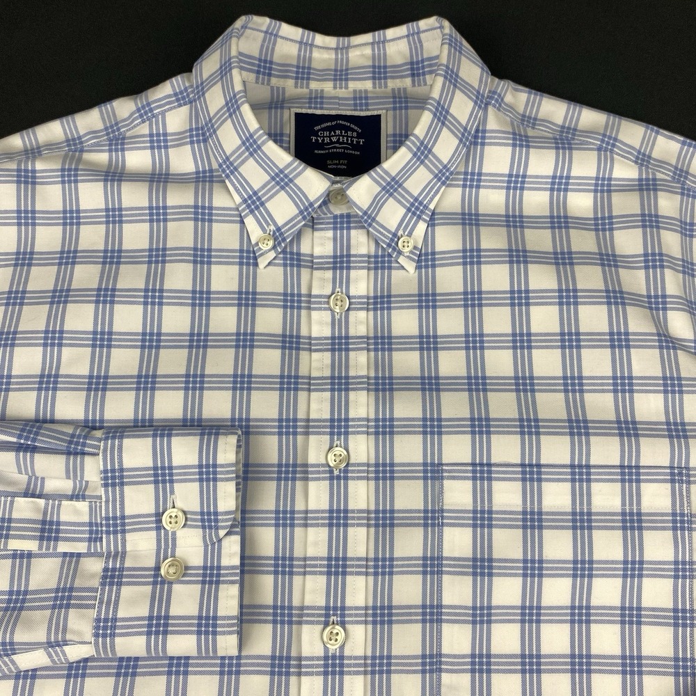 Charles Tyrwhitt Shirt Mens Large Blue/White Checks Slim Fit Non Iron